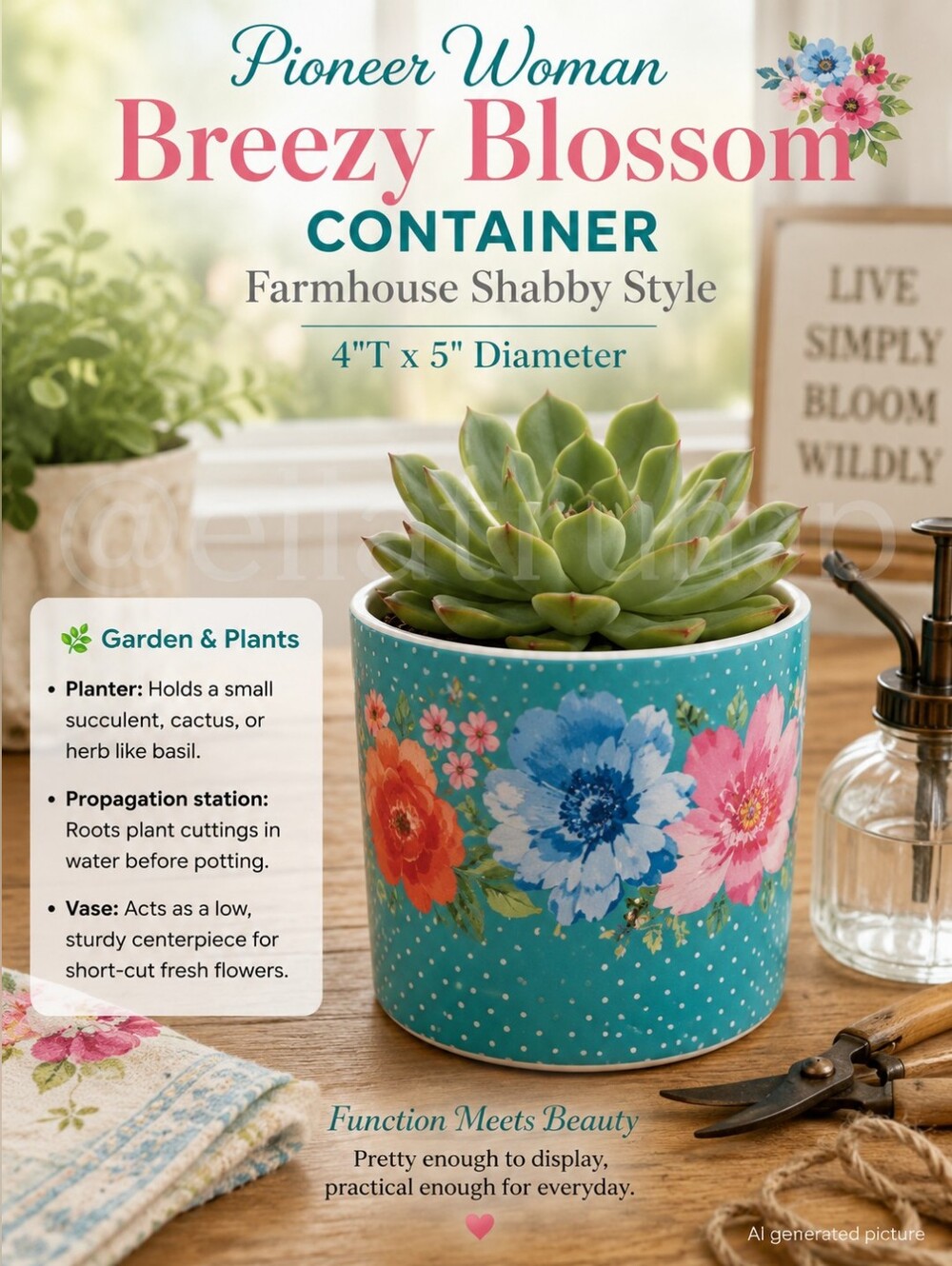 Pioneer Woman Breezy Blossom Container Farmhouse Shabby Style